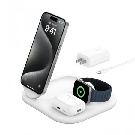 Беспроводная зарядка Belkin 3-в-1 с магнитным креплением и поддержкой Qi2 15 Вт