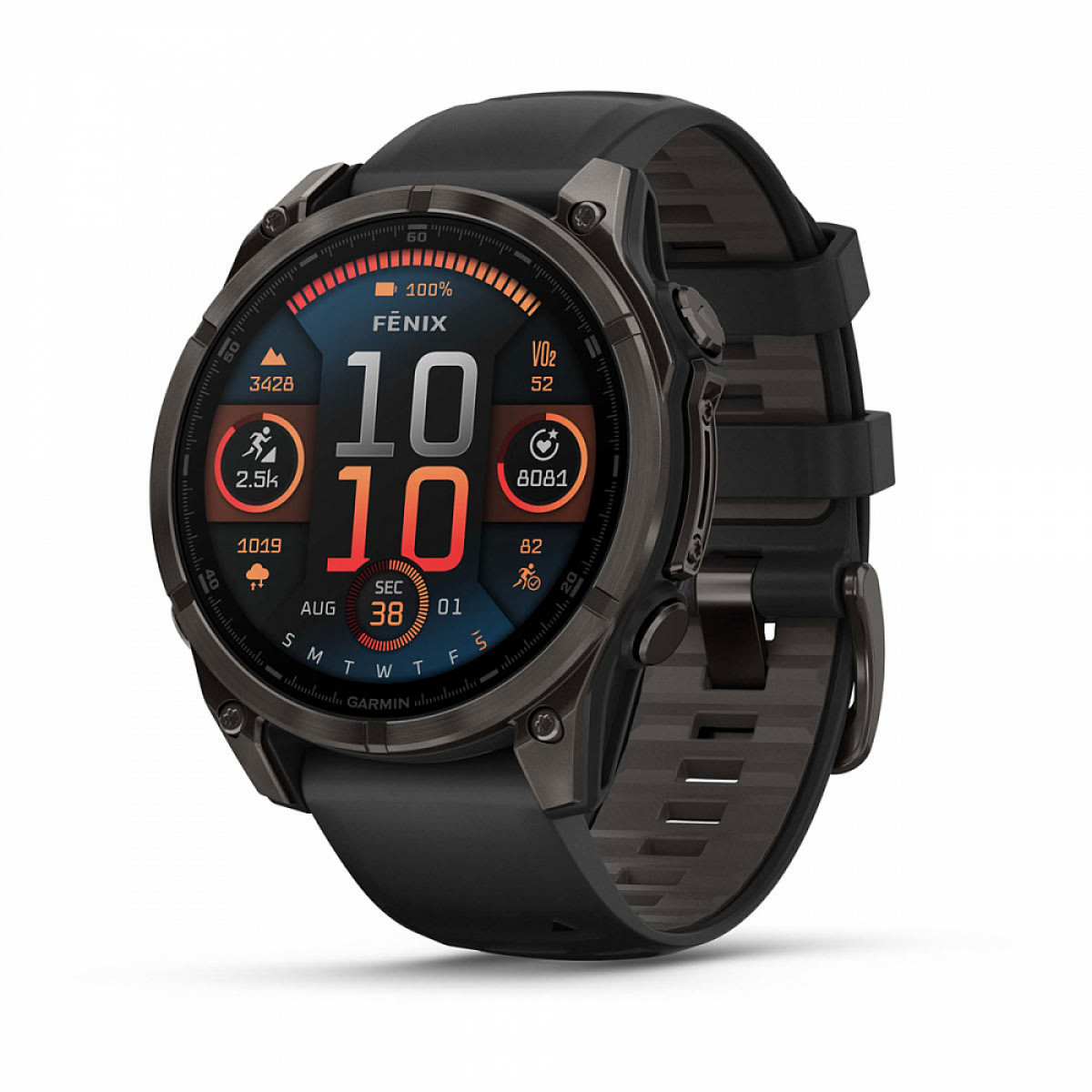 FENIX 8 - 47 ММ, AMOLED Sapphire, угольно-черный DLC, пепельно-черный силиконовый ремешок