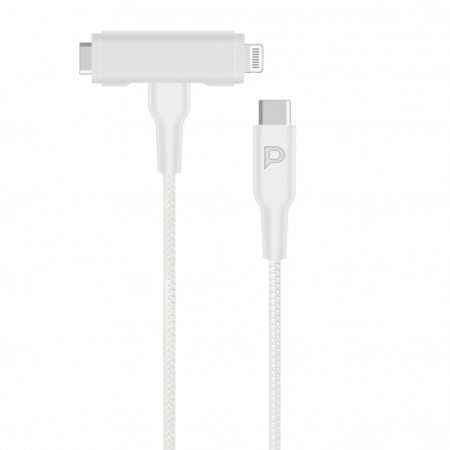 Powerology плетеный кабель USB-C на USB-C+Lightning 1.2м Белый