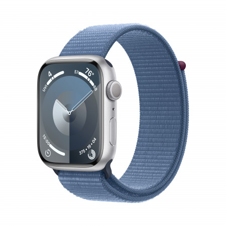 Apple Watch Series 9 GPS, 45 мм, серебристый, спортивный браслет синего цвета 