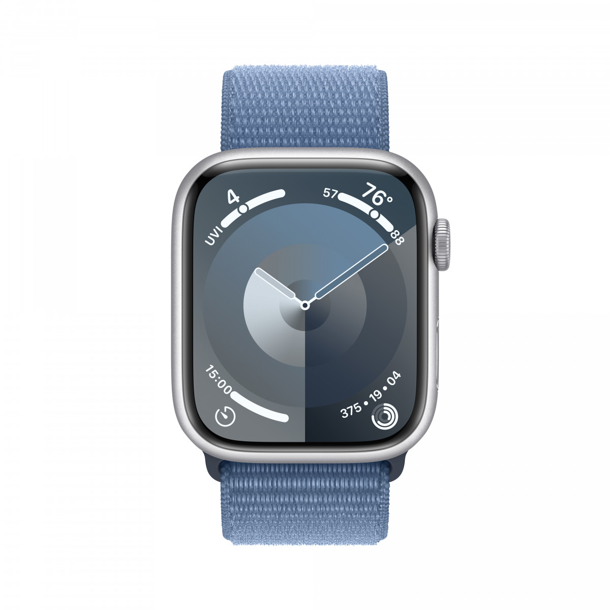 Apple Watch Series 9 GPS, 41 мм, серебристый, спортивный браслет синего цвета 