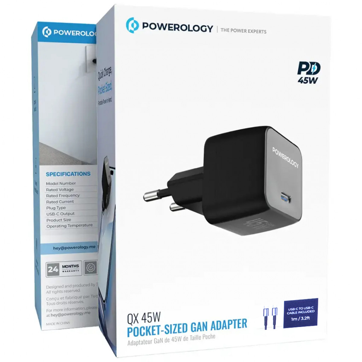 Адаптер Powerology QX 45Вт GaN с кабелем USB-C